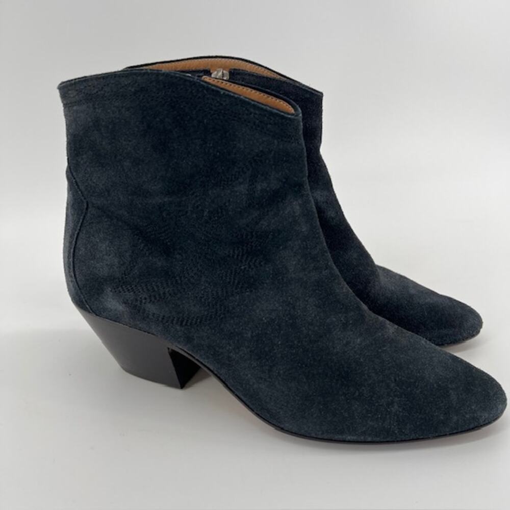 Isabel Marant Dacken Suede Western Embroidered Ankle Boots Dark Gray EU38/US8